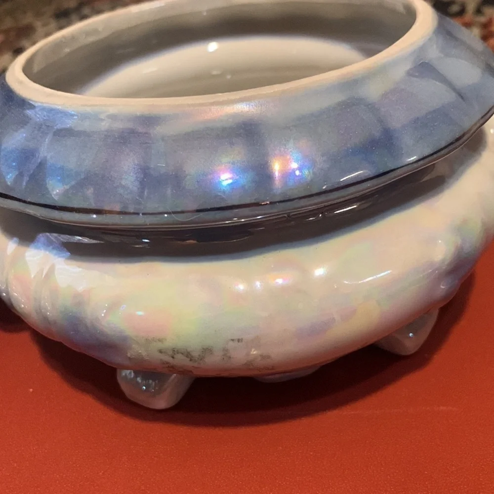 Vintage Blue & White Floral Iridescent Carnival Glass Footed Candy Dish With Lid